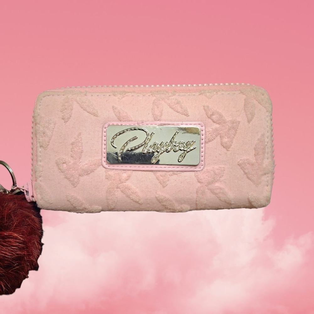 Pink Playboy Bunny Terrycloth Rhinestone Zip Wallet Y2K Style